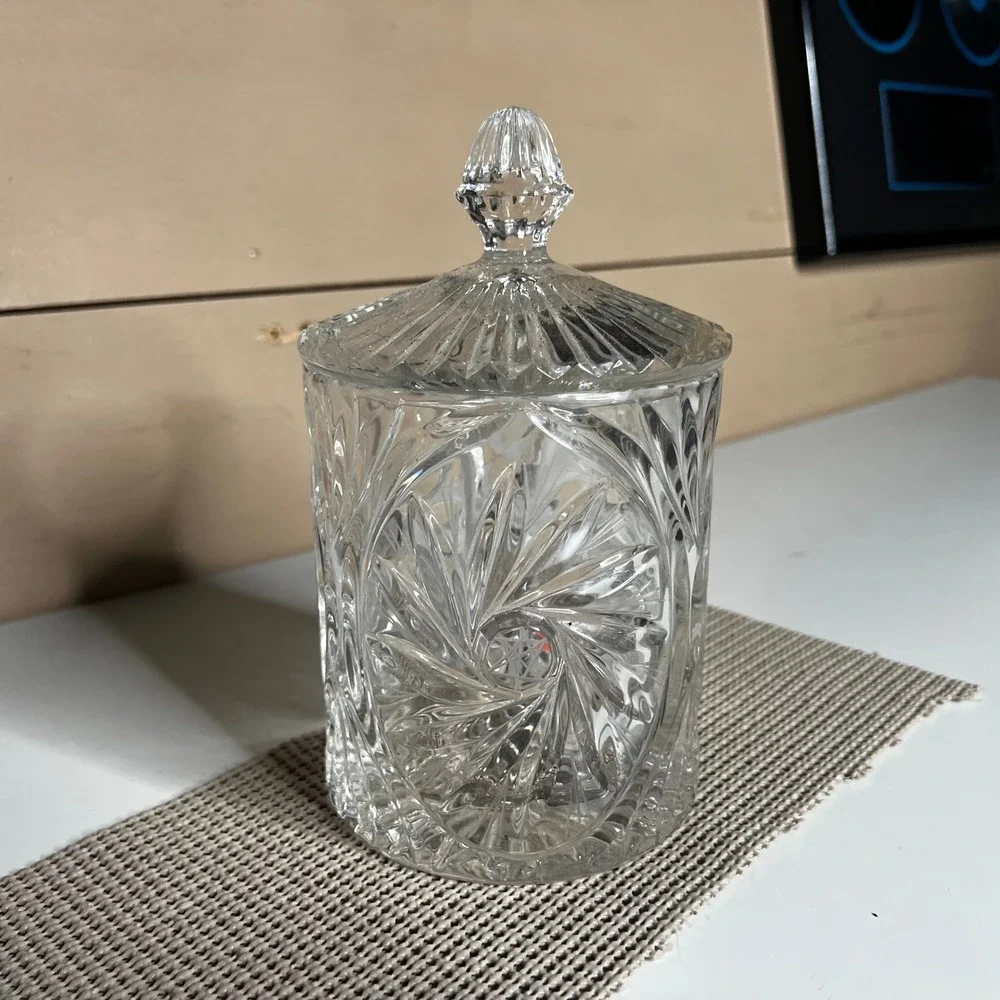 Vintage Clear Cut Crystal Pinwheel Star Glass Biscuit Jar Candy Dish with Lid